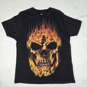 Way To Celebrate Men's Black Flaming Skull Halloween T-Shirt Size L